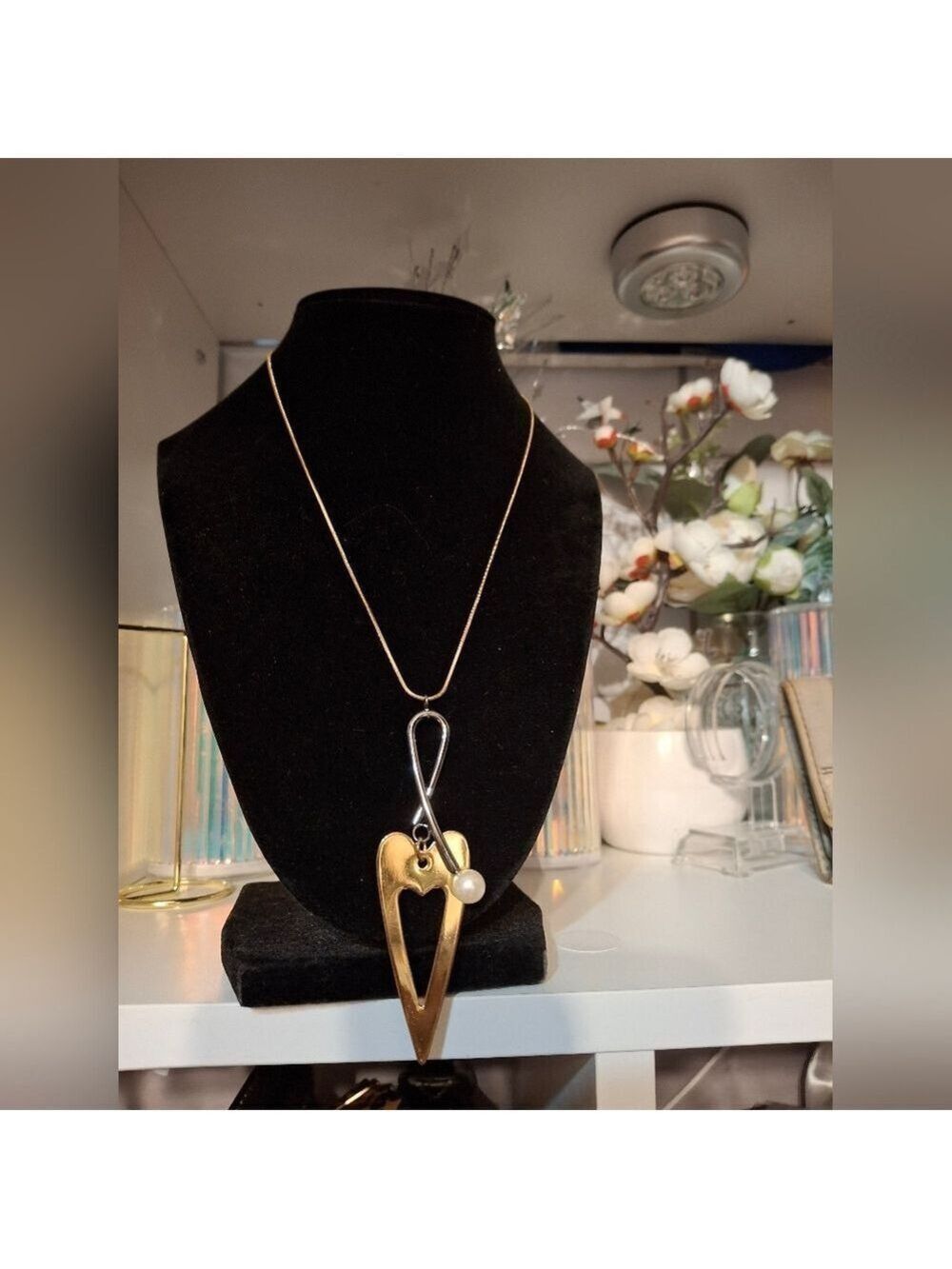 Geometric Gold and Silver Heart, Faux Pearl. Pendant Necklace 18" + 3" Pendant